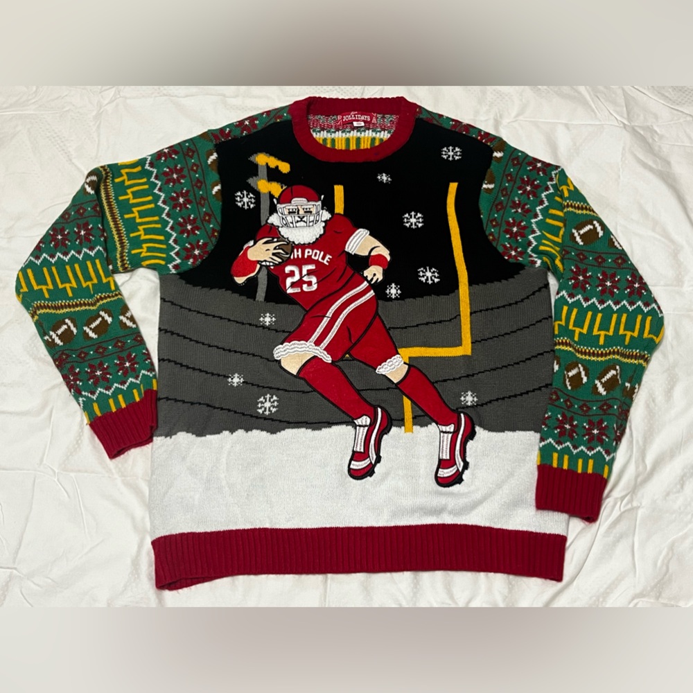 Jollidays Santa Football Player Goal Post Snowflakes Football Christmas Sweater